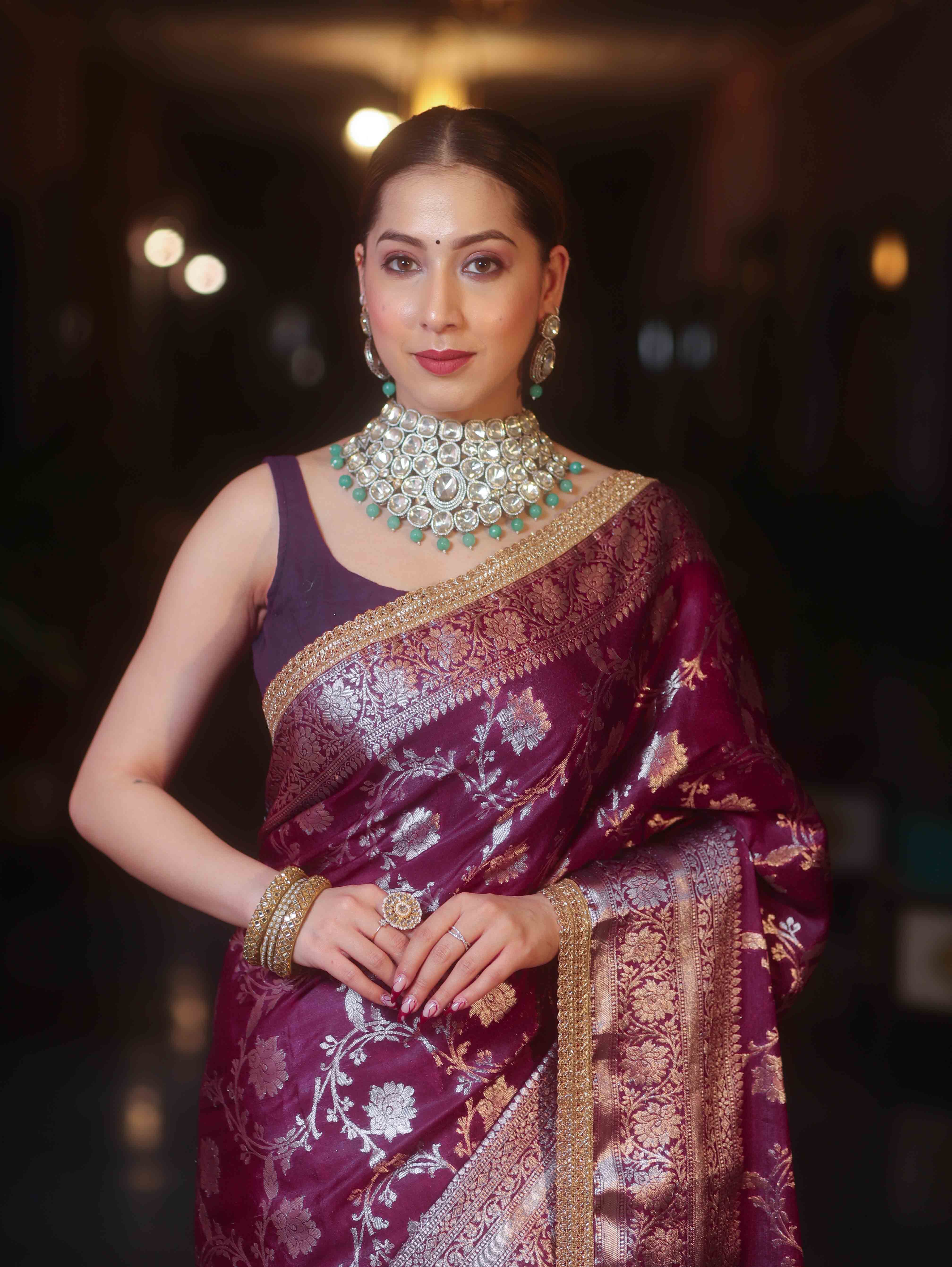 Banarasee Handwoven Semi Silk Saree With Silver Zari Jaal Design & Lace-Violet
