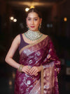 Banarasee Handwoven Semi Silk Saree With Silver Zari Jaal Design & Lace-Violet