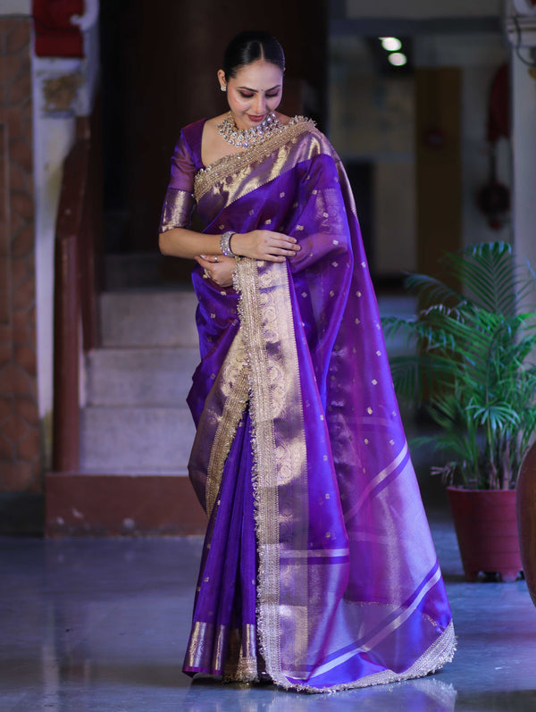 Banarasee Handloom Tissue Saree With Buti Design Zari Border & Lace-Violet