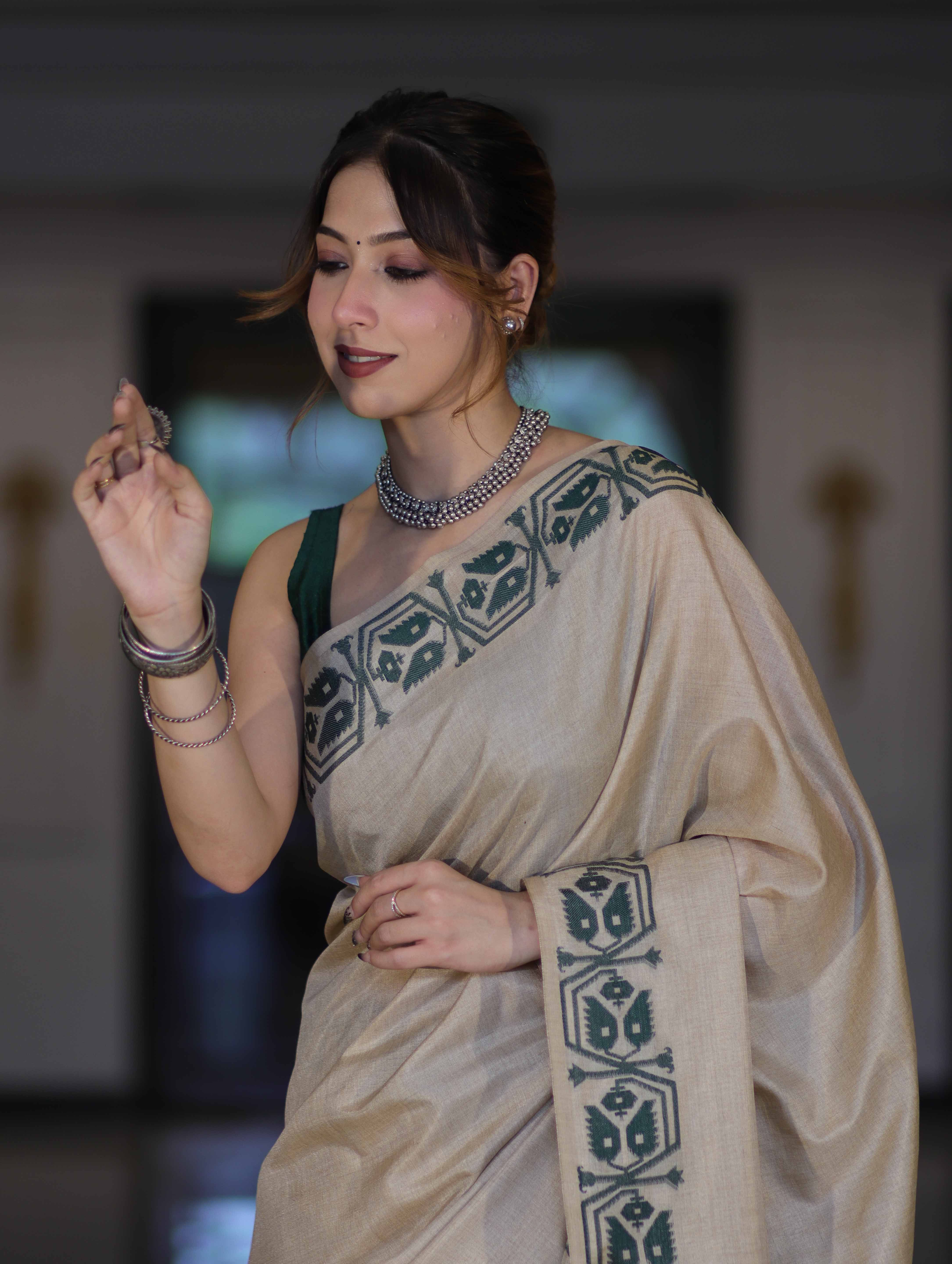 Banarasee Handwoven Semi-Tussar Saree With Embroidered Contrast Border-Beige