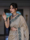 Banarasee Handwoven Semi-Tussar Saree With Embroidered Contrast Border-Beige