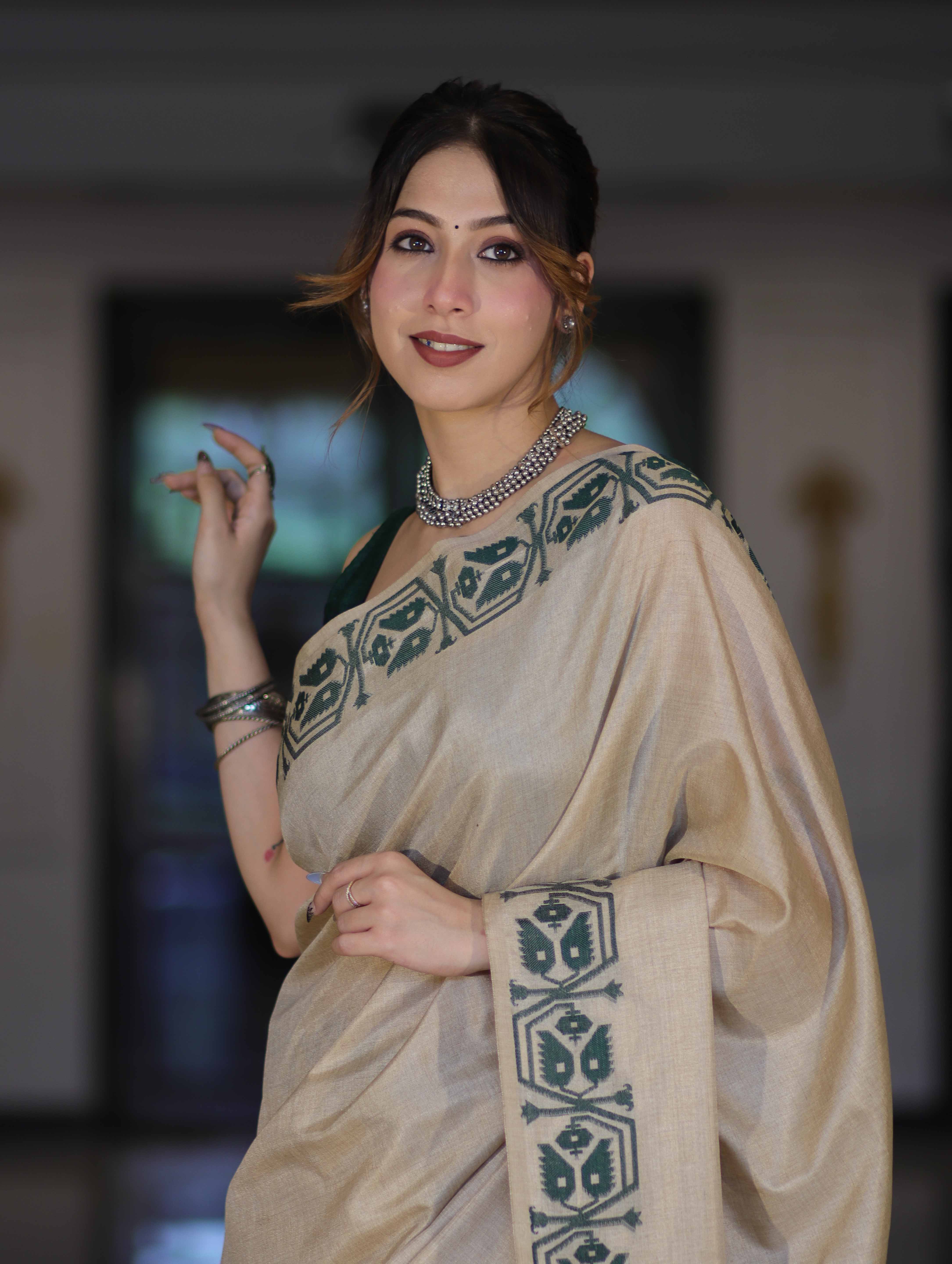 Banarasee Handwoven Semi-Tussar Saree With Embroidered Contrast Border-Beige