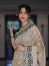 Banarasee Handwoven Semi-Tussar Saree With Embroidered Contrast Border-Beige