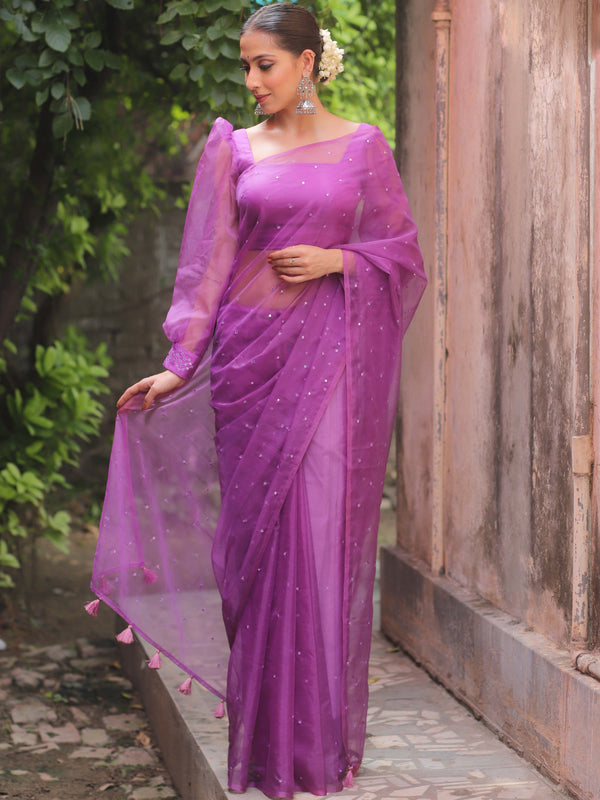 Banarasee Hand-Embroidered Mirror Work Organza Saree With Blouse-Purple