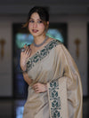 Banarasee Handwoven Semi-Tussar Saree With Embroidered Contrast Border-Beige