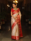 Banarasee Handwoven Tissue Zari Saree With Contrast Broder & Lace-White & Red