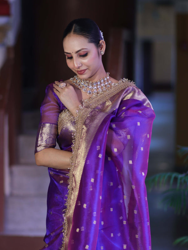 Banarasee Handloom Tissue Saree With Buti Design Zari Border & Lace-Violet