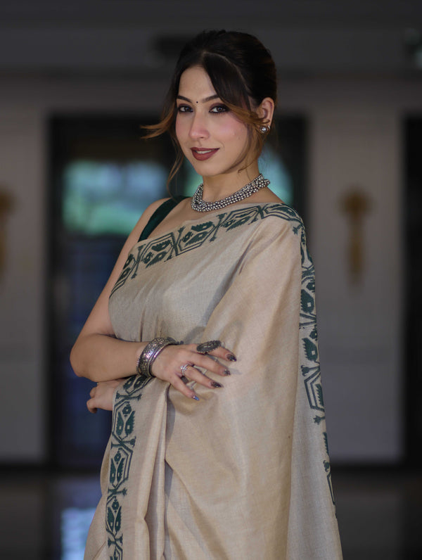Banarasee Handwoven Semi-Tussar Saree With Embroidered Contrast Border-Beige