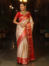 Banarasee Handwoven Tissue Zari Saree With Contrast Broder & Lace-White & Red
