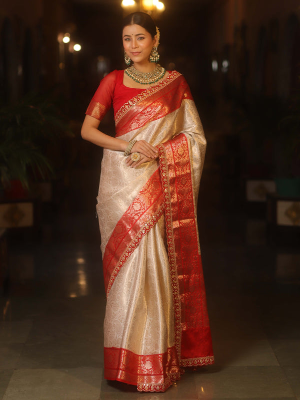 Banarasee Handwoven Tissue Zari Saree With Contrast Broder & Lace-White & Red