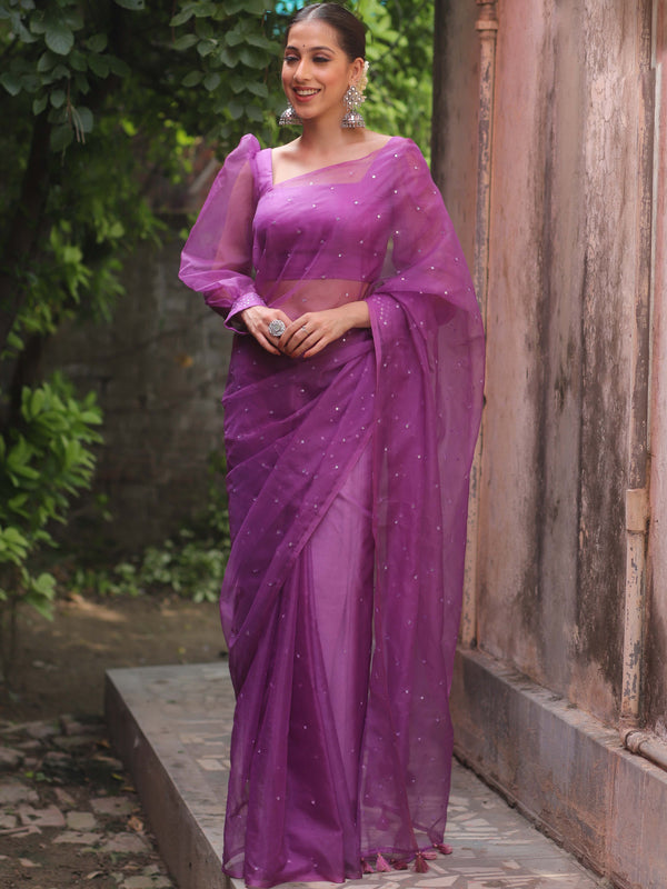 Banarasee Hand-Embroidered Mirror Work Organza Saree With Blouse-Purple