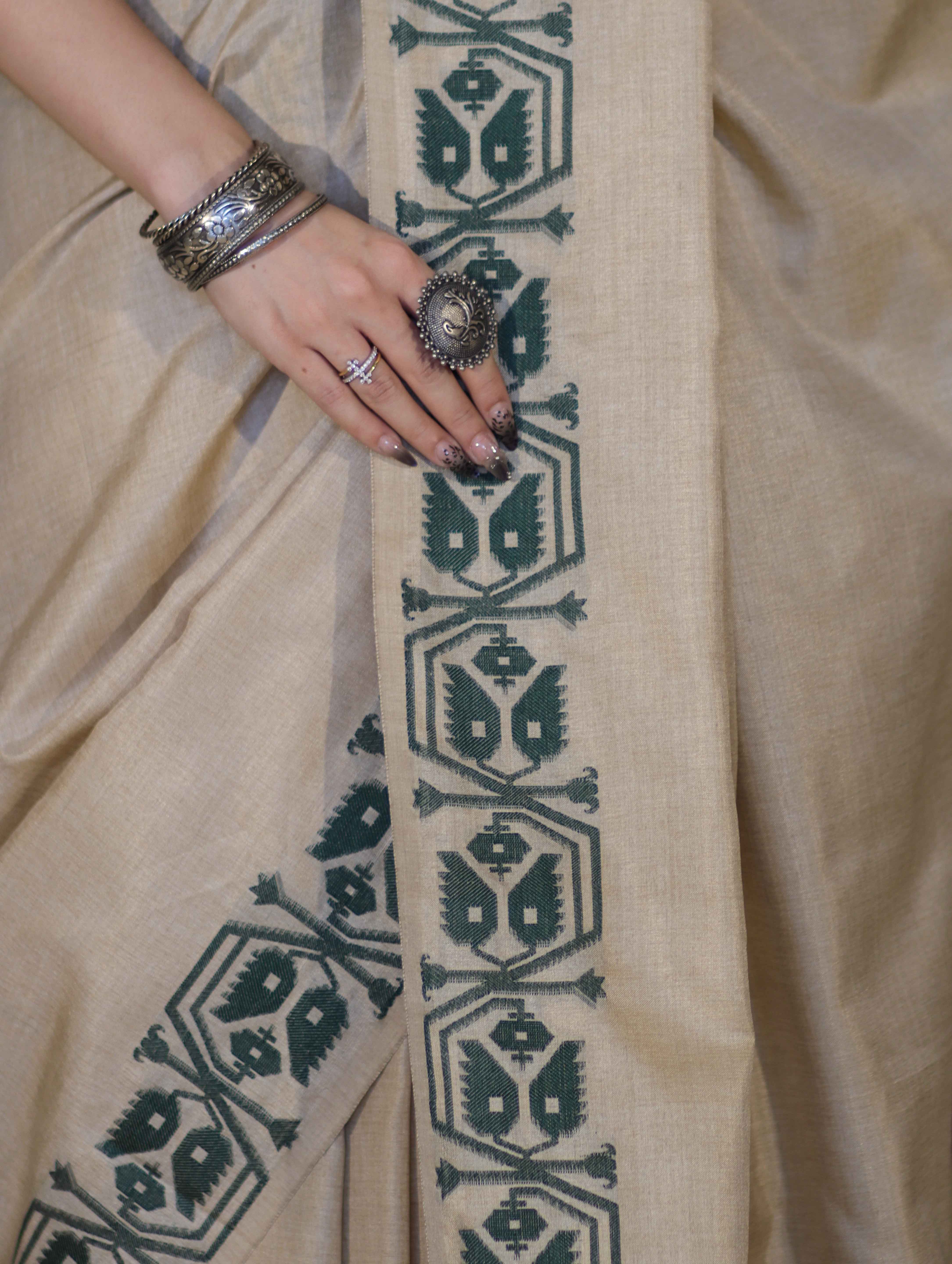 Banarasee Handwoven Semi-Tussar Saree With Embroidered Contrast Border-Beige