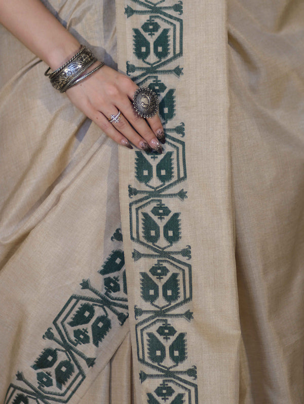 Banarasee Handwoven Semi-Tussar Saree With Embroidered Contrast Border-Beige