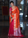 Banarasee Dual Color Cotton Silk Saree With Zari Buti & Floral Border-Pink & Orange