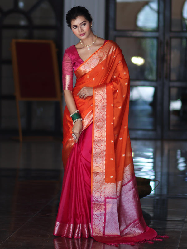 Banarasee Dual Color Cotton Silk Saree With Zari Buti & Floral Border-Pink & Orange