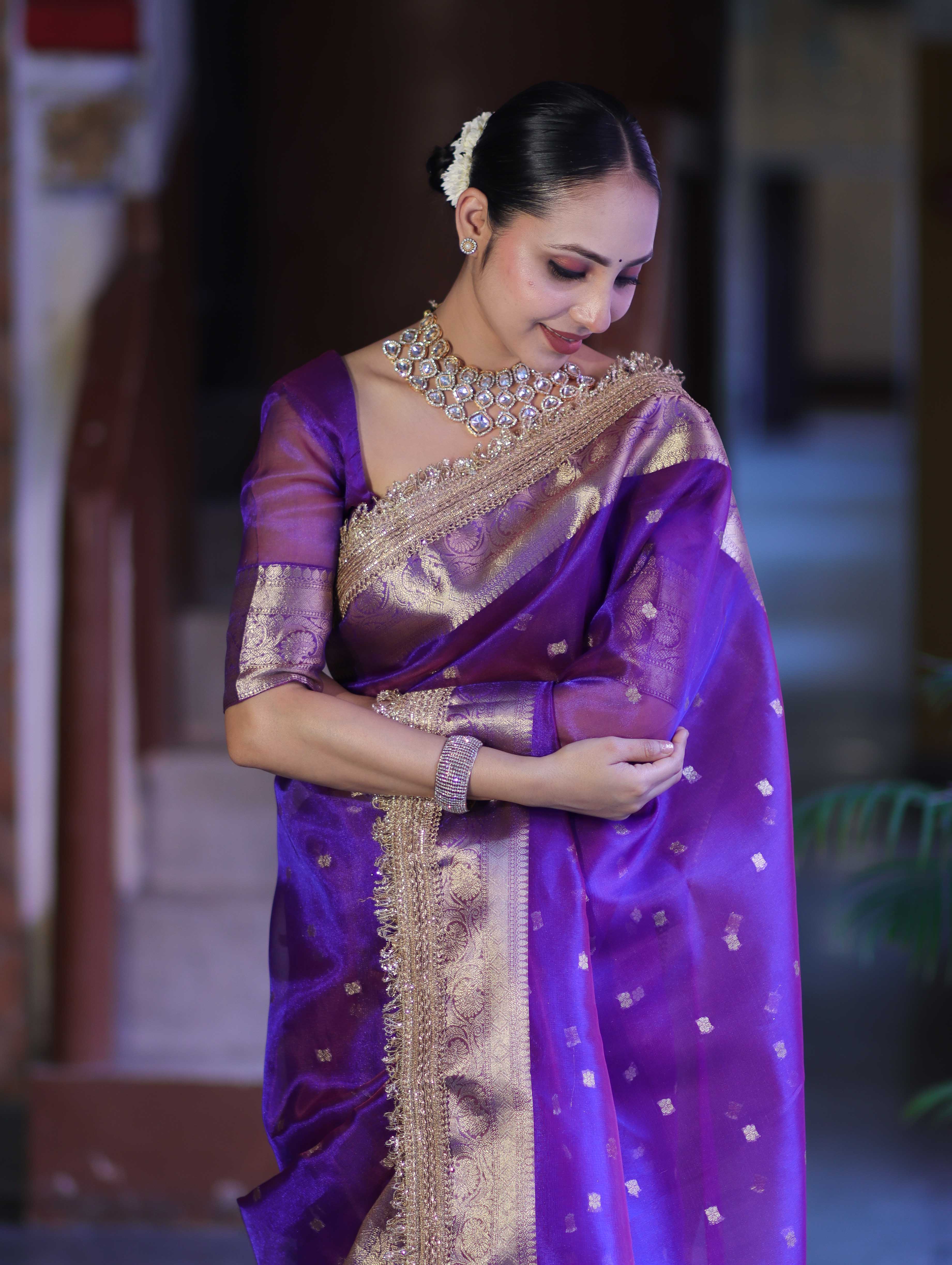 Banarasee Handloom Tissue Saree With Buti Design Zari Border & Lace-Violet