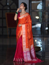 Banarasee Dual Color Cotton Silk Saree With Zari Buti & Floral Border-Pink & Orange