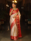 Banarasee Handwoven Tissue Zari Saree With Contrast Broder & Lace-White & Red