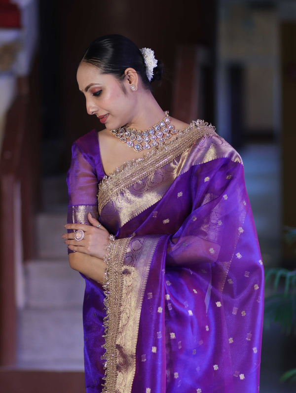 Banarasee Handloom Tissue Saree With Buti Design Zari Border & Lace-Violet