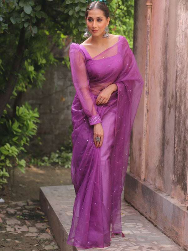 Banarasee Hand-Embroidered Mirror Work Organza Saree With Blouse-Purple