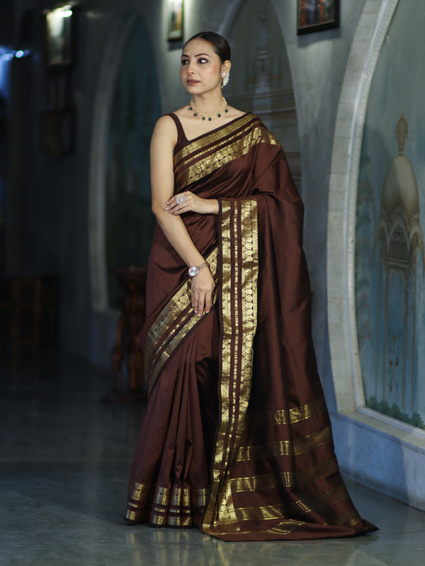 Banarasee Handloom Semi Silk Plain Saree With Zari Work Border-Brown