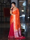 Banarasee Dual Color Cotton Silk Saree With Zari Buti & Floral Border-Pink & Orange