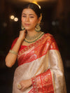 Banarasee Handwoven Tissue Zari Saree With Contrast Broder & Lace-White & Red
