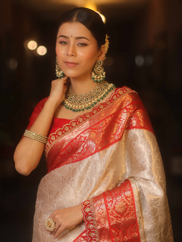 Banarasee Handwoven Tissue Zari Saree With Contrast Broder & Lace-White & Red