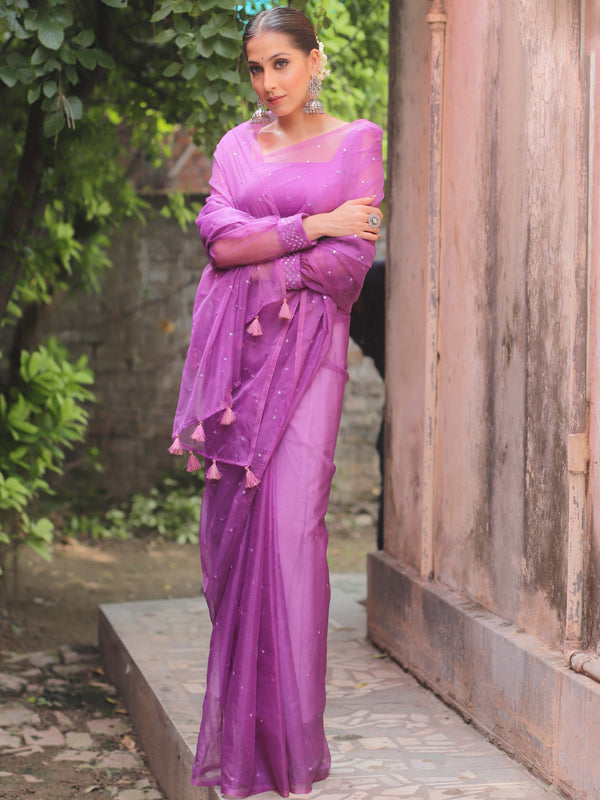 Banarasee Hand-Embroidered Mirror Work Organza Saree With Blouse-Purple