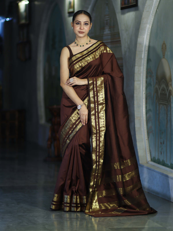 Banarasee Handloom Semi Silk Plain Saree With Zari Work Border-Brown