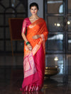 Banarasee Dual Color Cotton Silk Saree With Zari Buti & Floral Border-Pink & Orange