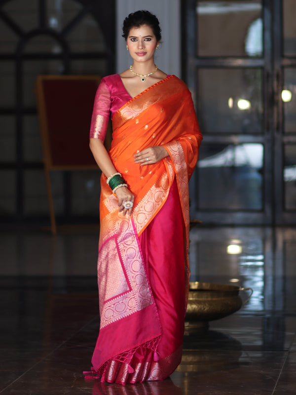 Banarasee Dual Color Cotton Silk Saree With Zari Buti & Floral Border-Pink & Orange