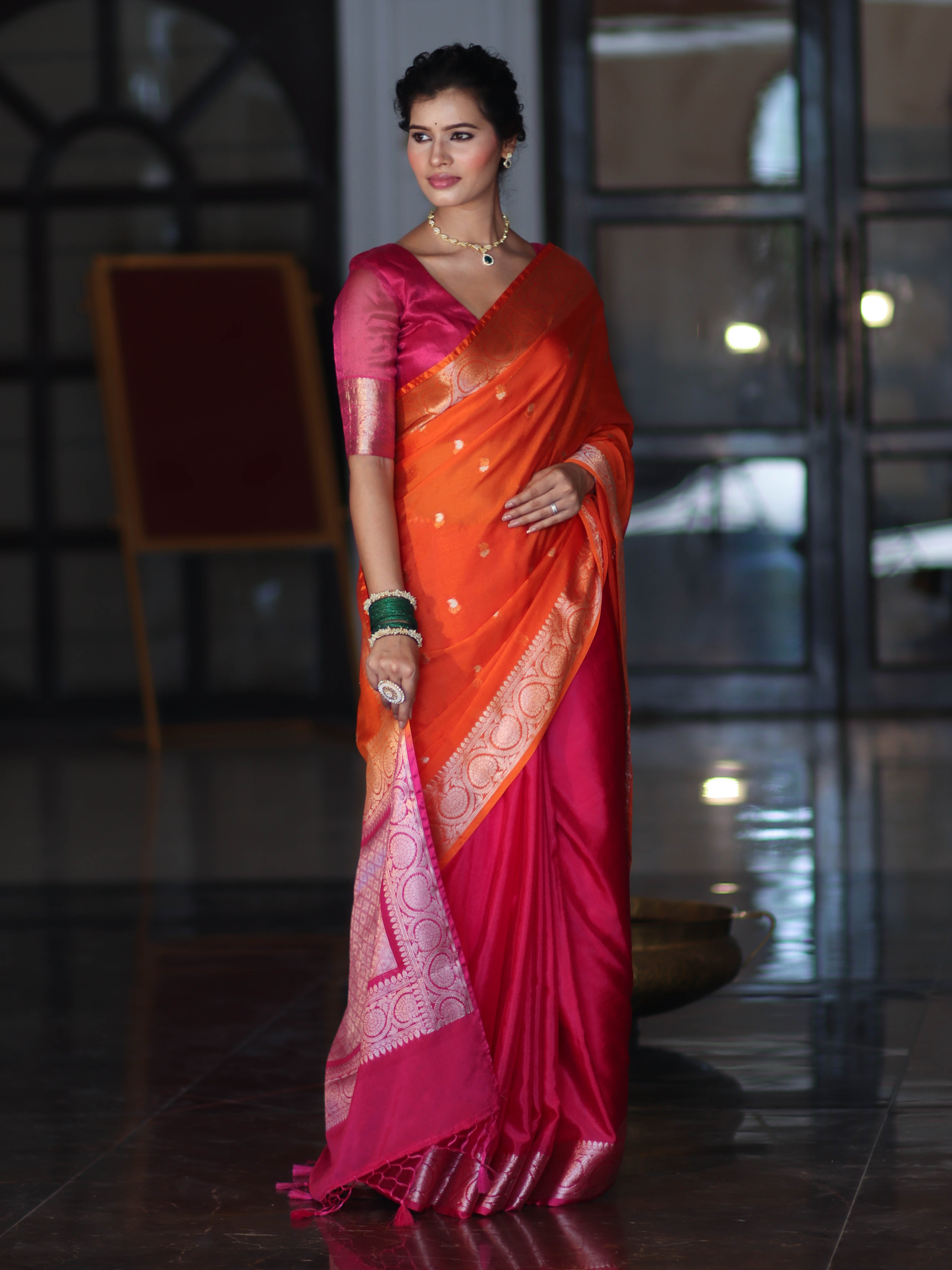 Banarasee Dual Color Cotton Silk Saree With Zari Buti & Floral Border-Pink & Orange