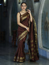 Banarasee Handloom Semi Silk Plain Saree With Zari Work Border-Brown