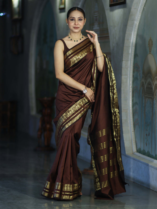 Banarasee Handloom Semi Silk Plain Saree With Zari Work Border-Brown