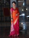 Banarasee Dual Color Cotton Silk Saree With Zari Buti & Floral Border-Pink & Orange