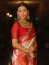 Banarasee Handwoven Tissue Zari Saree With Contrast Broder & Lace-White & Red