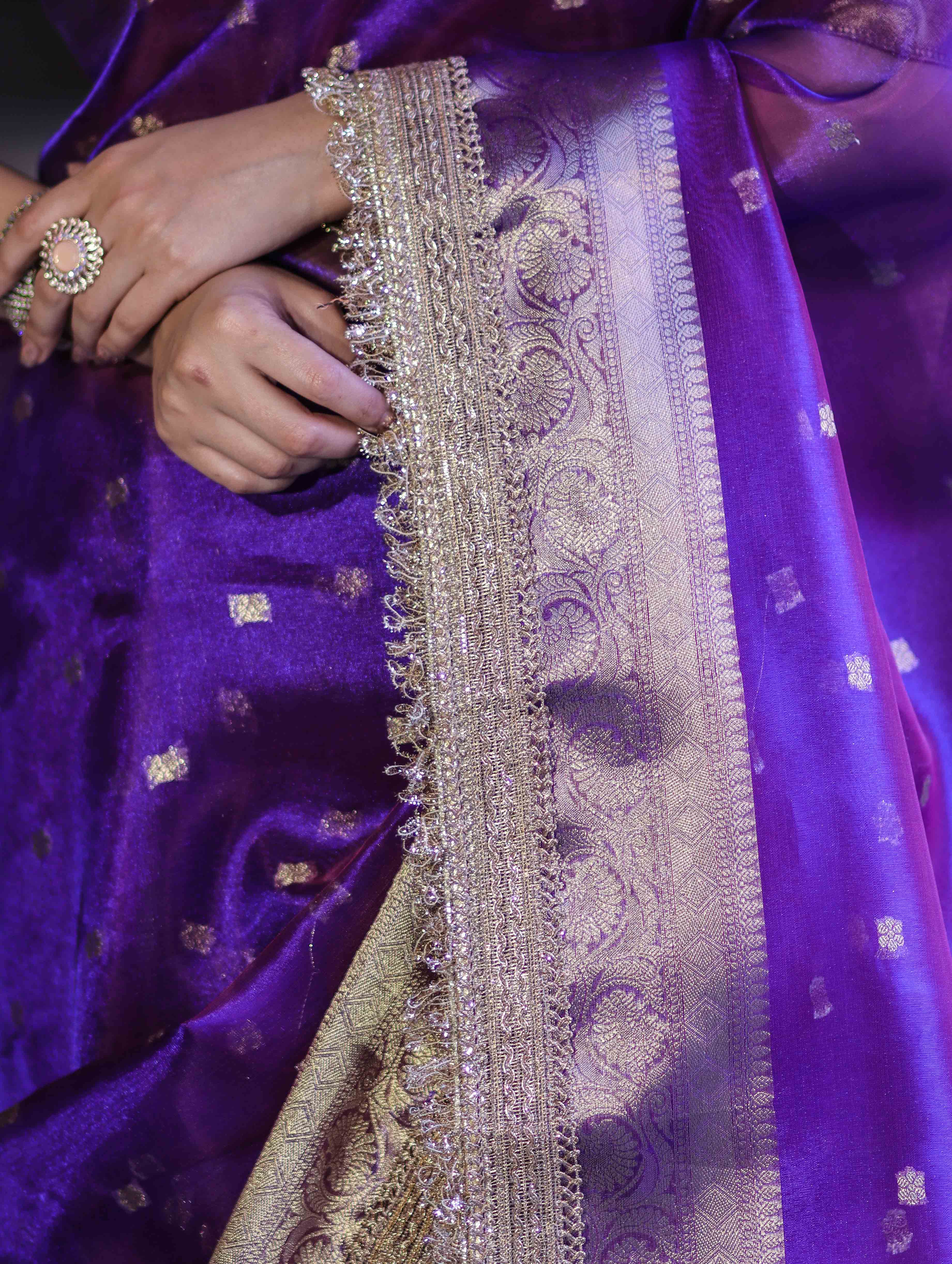 Banarasee Handloom Tissue Saree With Buti Design Zari Border & Lace-Violet