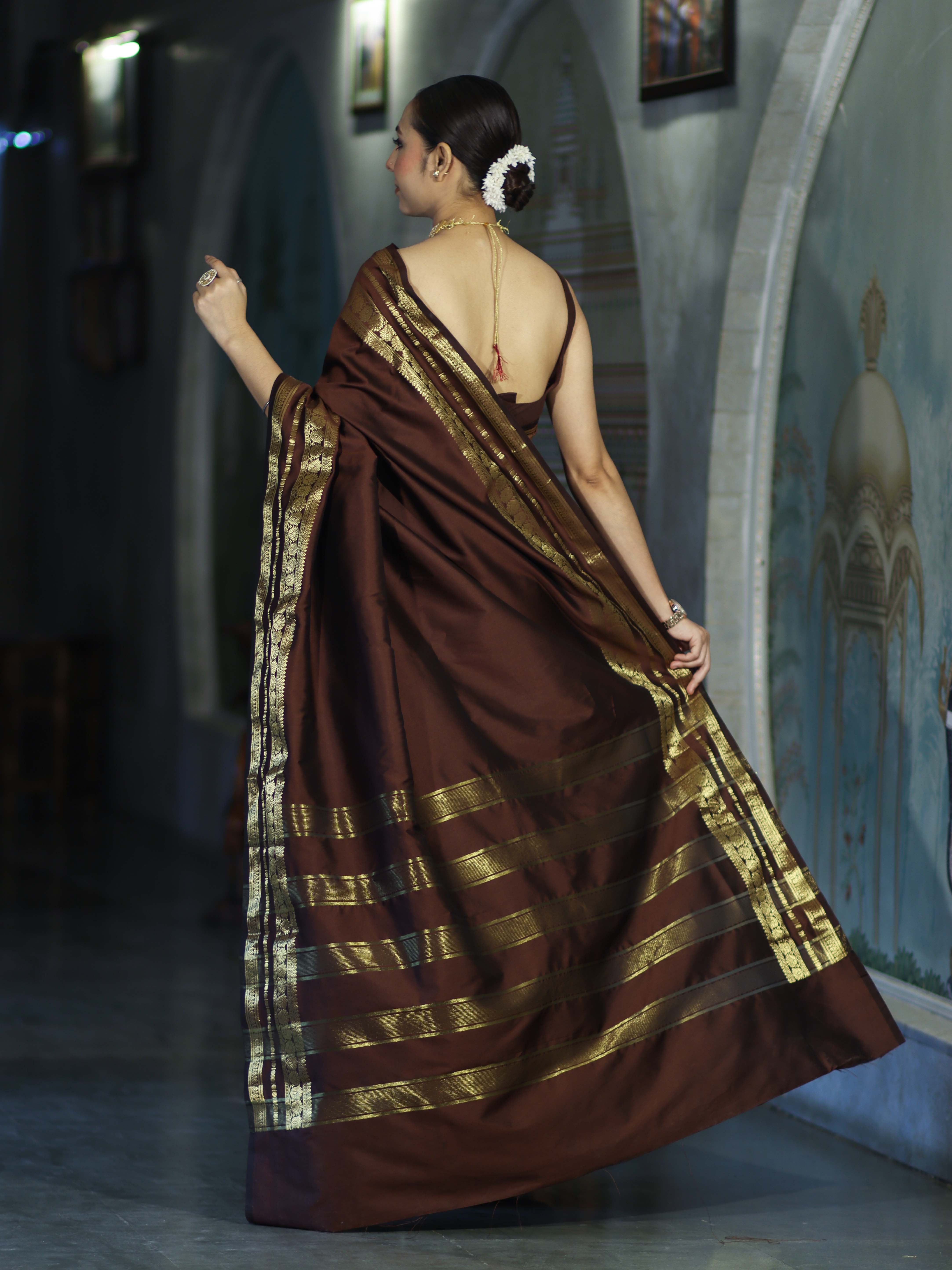 Banarasee Handloom Semi Silk Plain Saree With Zari Work Border-Brown