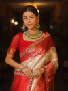Banarasee Handwoven Tissue Zari Saree With Contrast Broder & Lace-White & Red