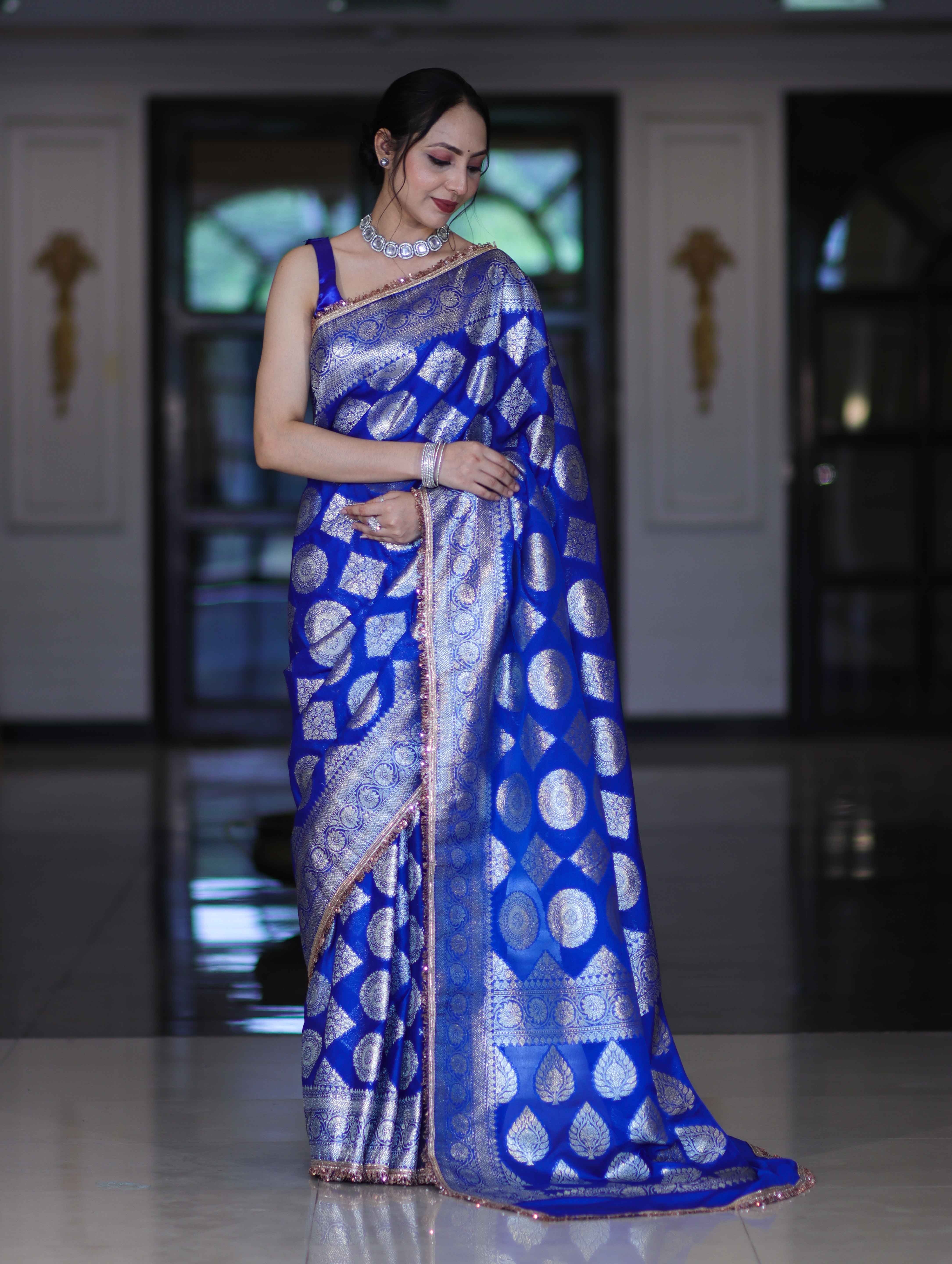 Banarasee Handloom Semi Silk Saree With Buta Design Zari Border & Lace-Blue