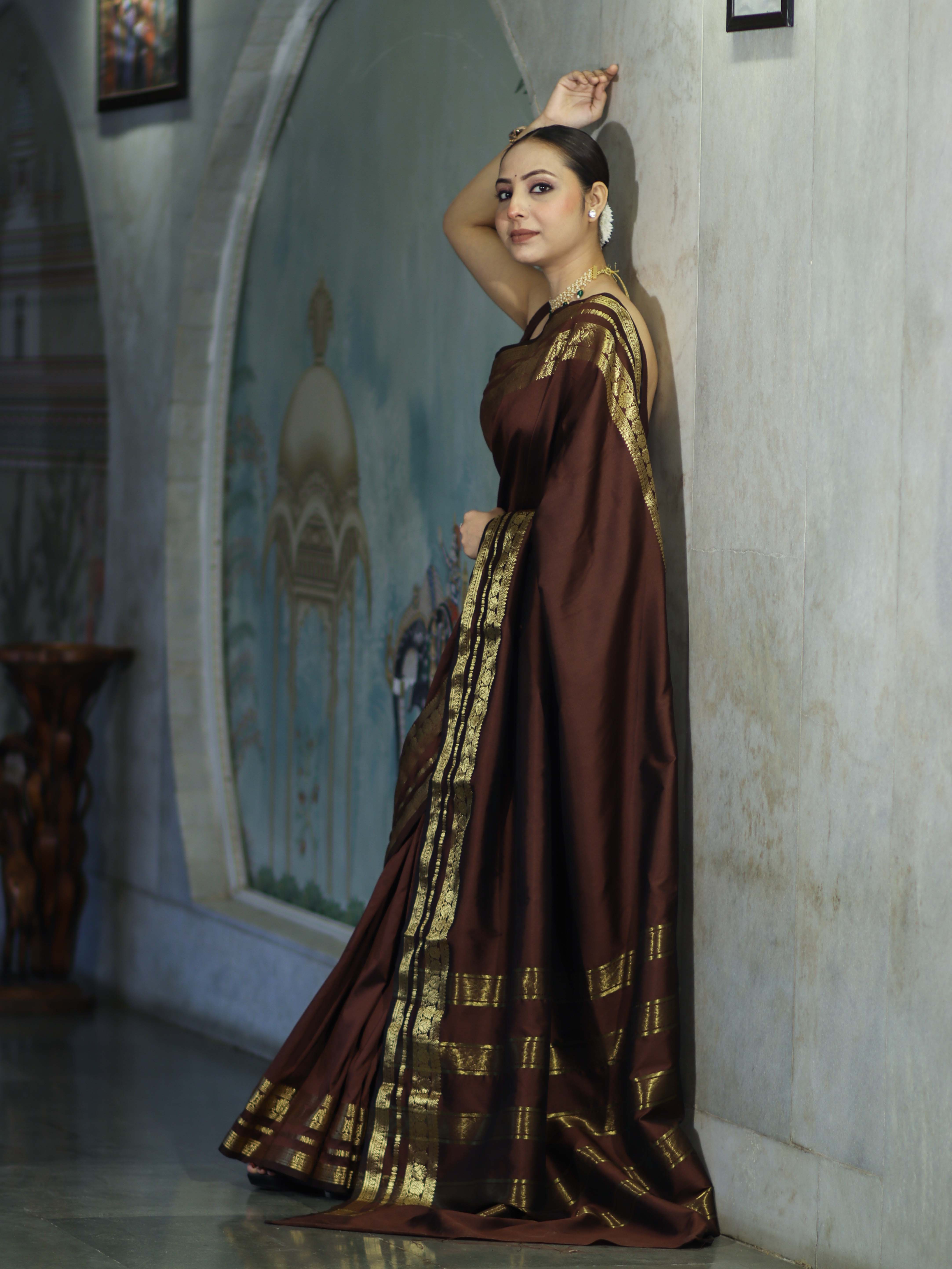 Banarasee Handloom Semi Silk Plain Saree With Zari Work Border-Brown