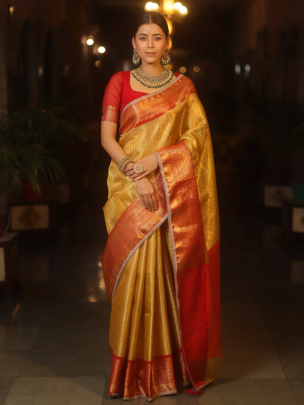 Banarasee Handwoven Tissue Saree With Zari Broad Broder-Gold & Red