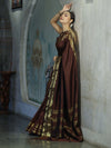 Banarasee Handloom Semi Silk Plain Saree With Zari Work Border-Brown