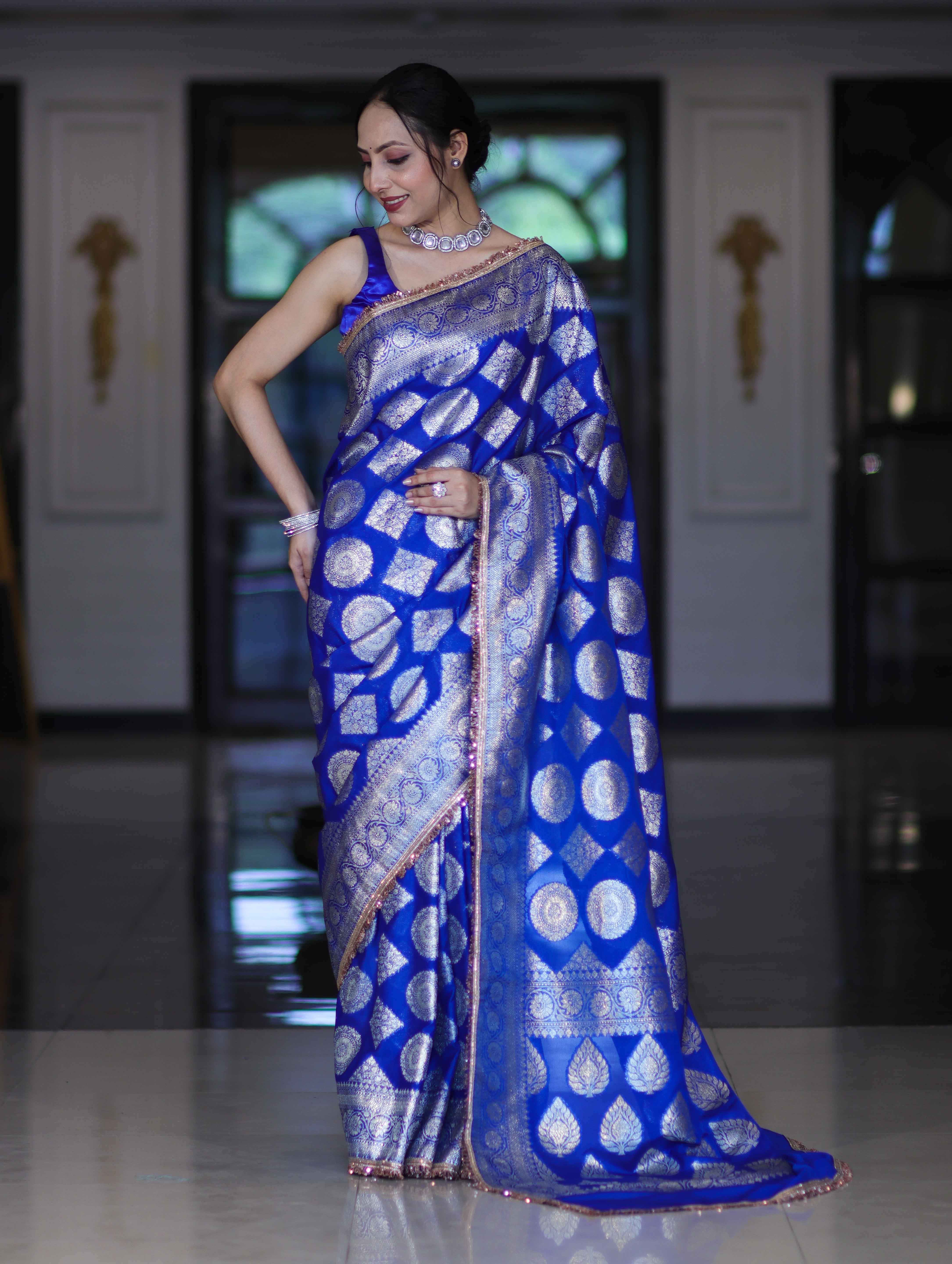 Banarasee Handloom Semi Silk Saree With Buta Design Zari Border & Lace-Blue