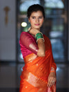 Banarasee Dual Color Cotton Silk Saree With Zari Buti & Floral Border-Pink & Orange