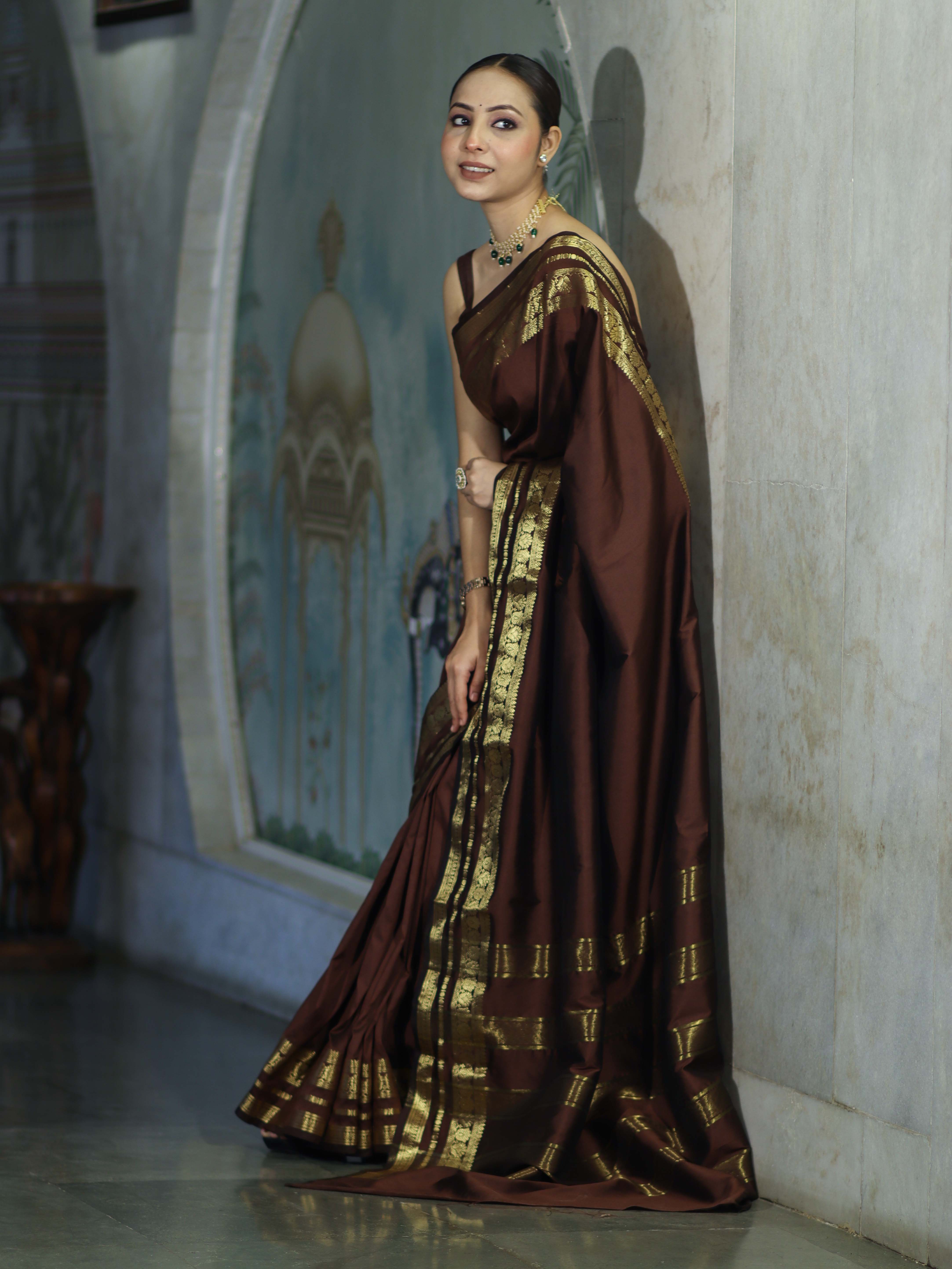Banarasee Handloom Semi Silk Plain Saree With Zari Work Border-Brown