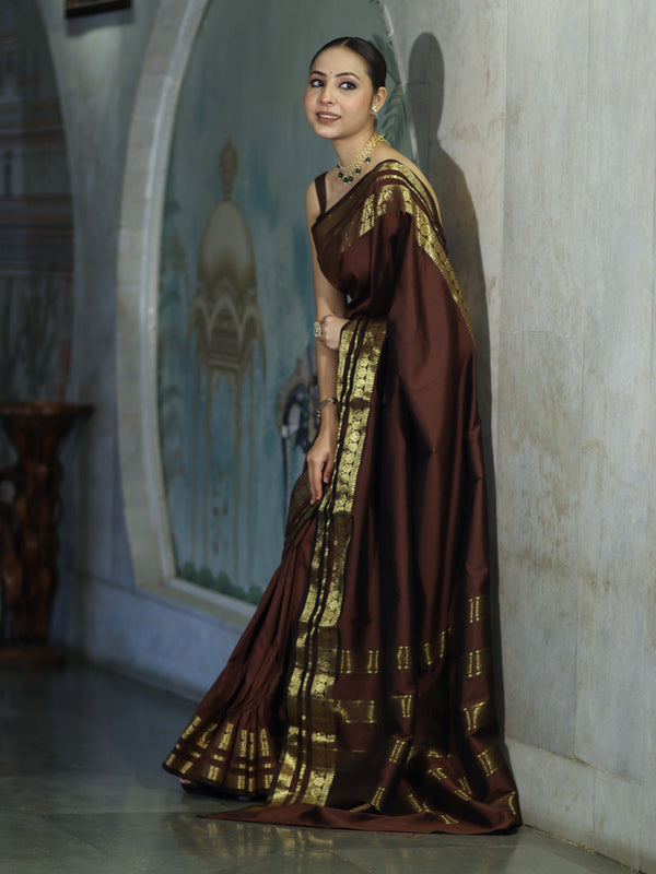 Banarasee Handloom Semi Silk Plain Saree With Zari Work Border-Brown