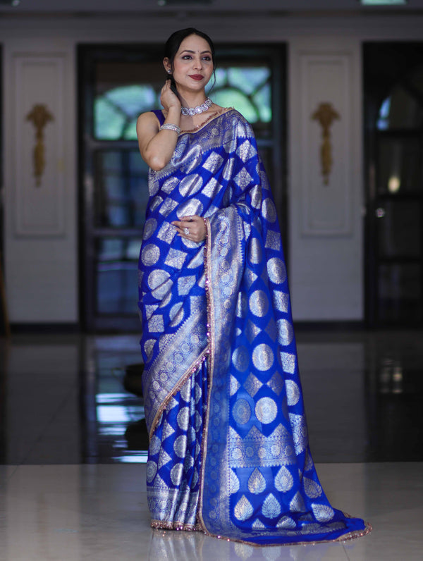 Banarasee Handloom Semi Silk Saree With Buta Design Zari Border & Lace-Blue