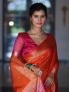 Banarasee Dual Color Cotton Silk Saree With Zari Buti & Floral Border-Pink & Orange